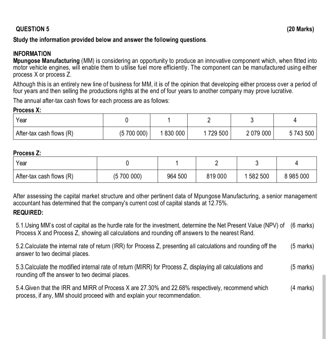 QUESTION 5 (20 Marks) Study the information