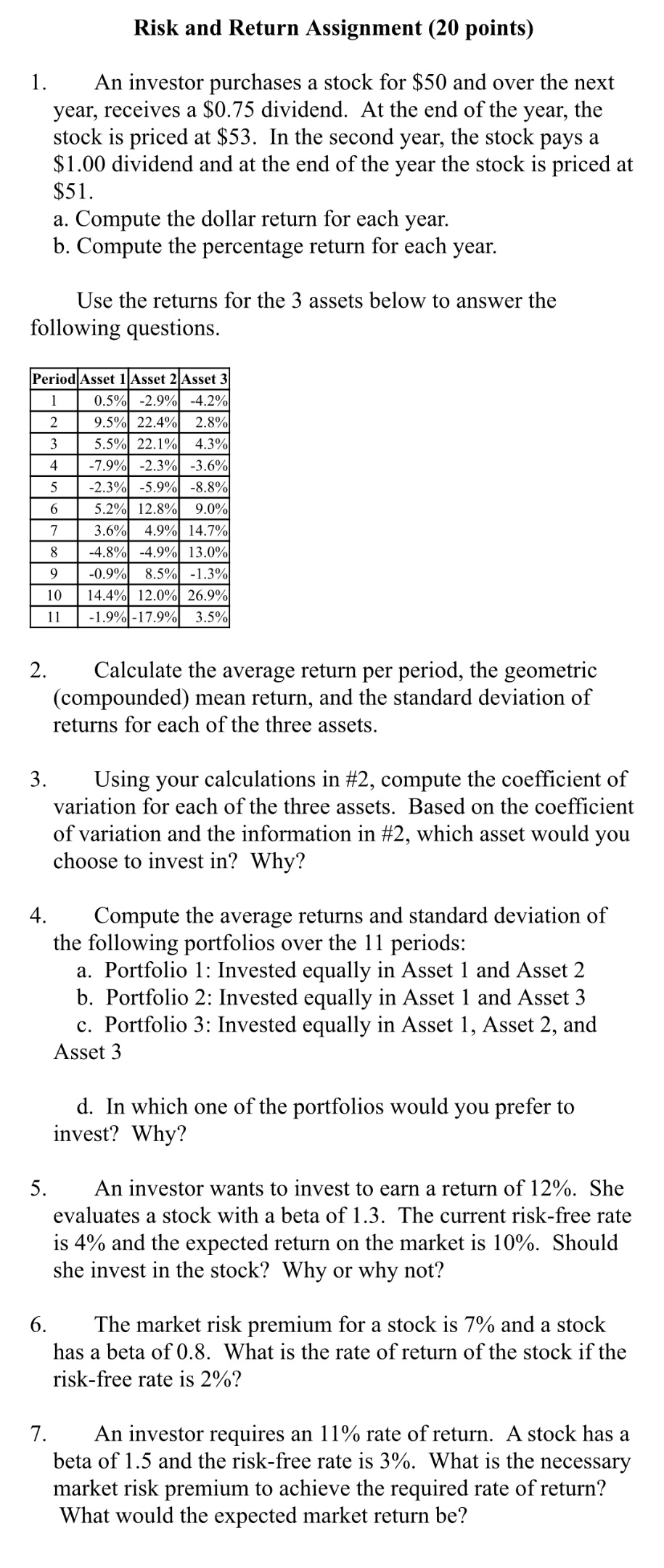 Please answer these Risk and Return Assignment