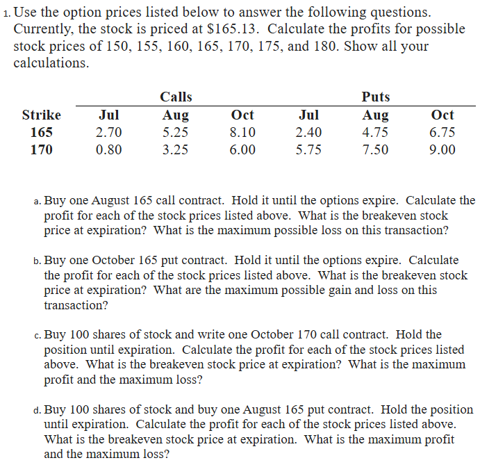 1. Use the option prices listed below to answer