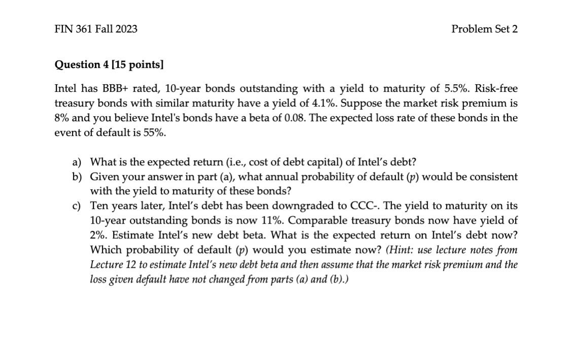 FIN 361 Fall 2023 Problem Set 2 Question 3 [15