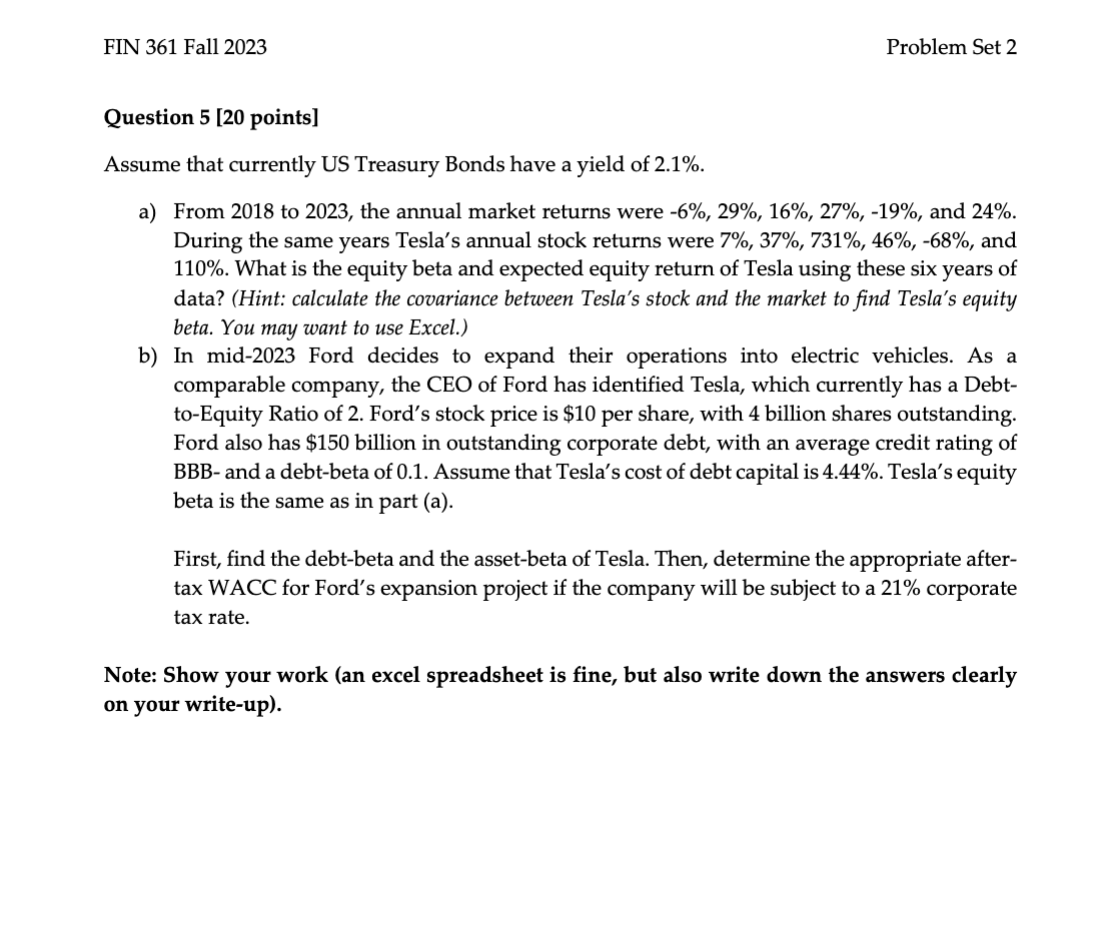 FIN 361 Fall 2023 Problem Set 2 Question 5 [20