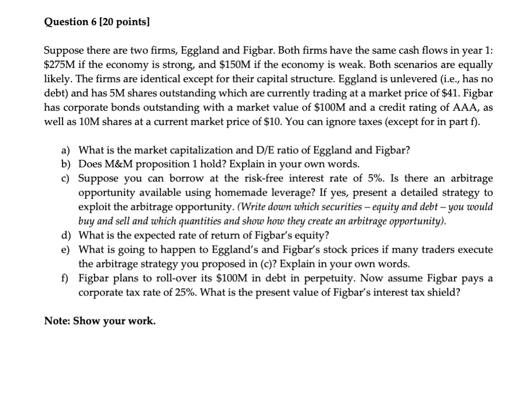 FIN 361 Fall 2023 Problem Set 2 Question 5 [20
