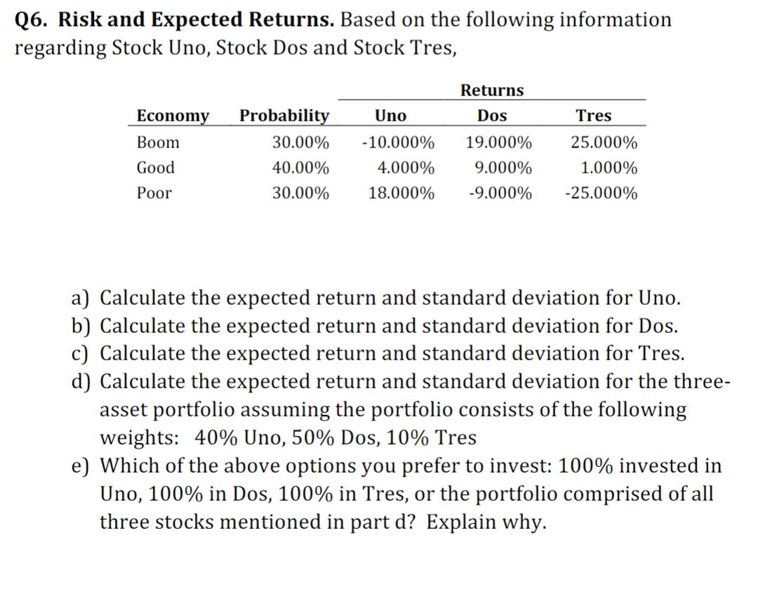 Please solve by excel Q6. Risk and Expected