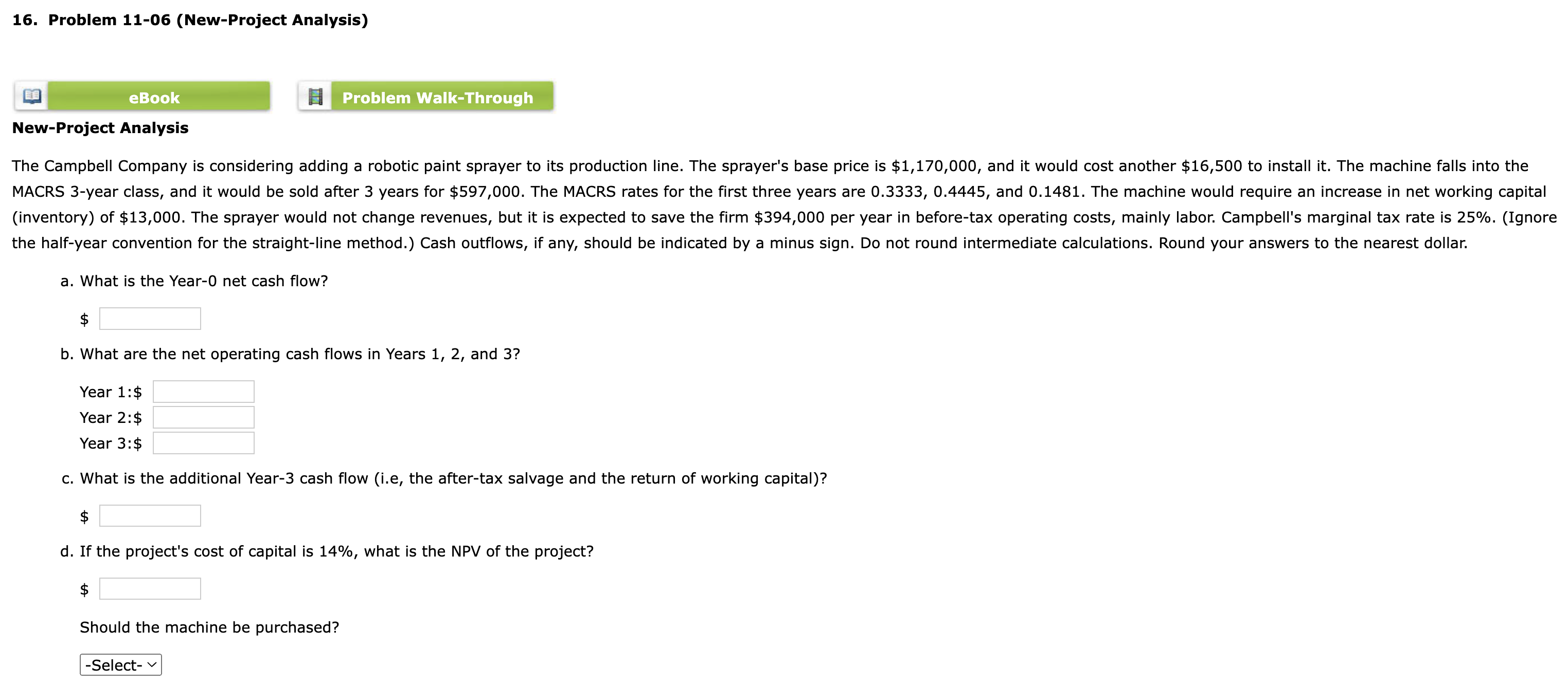 16. Problem 11-06 (New-Project Analysis) @ H