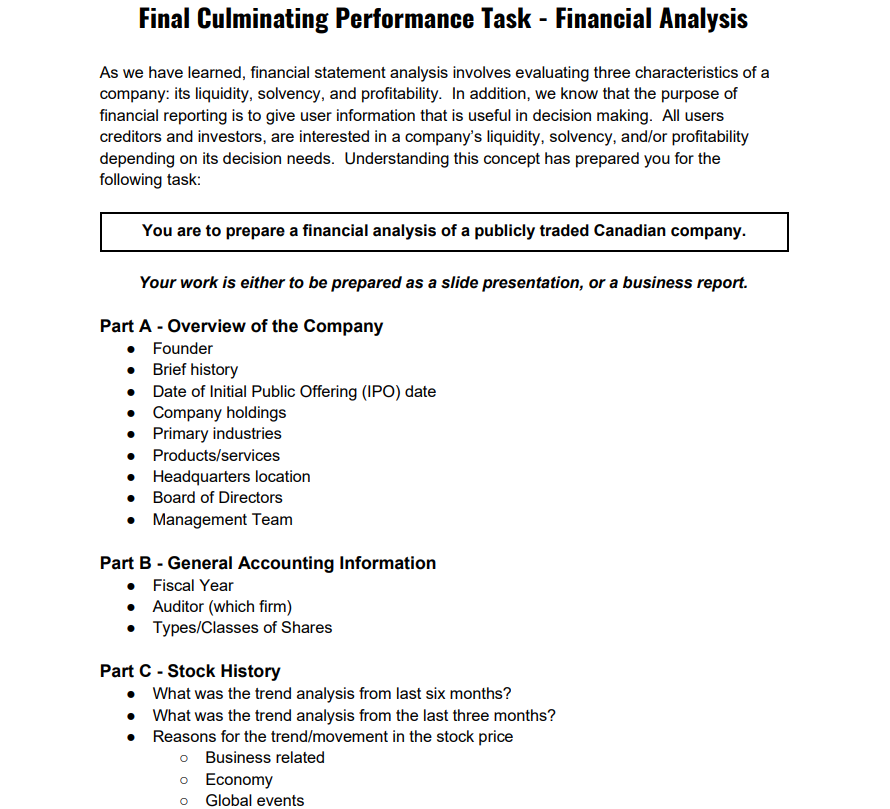 Final Culminating Performance Task - Financial