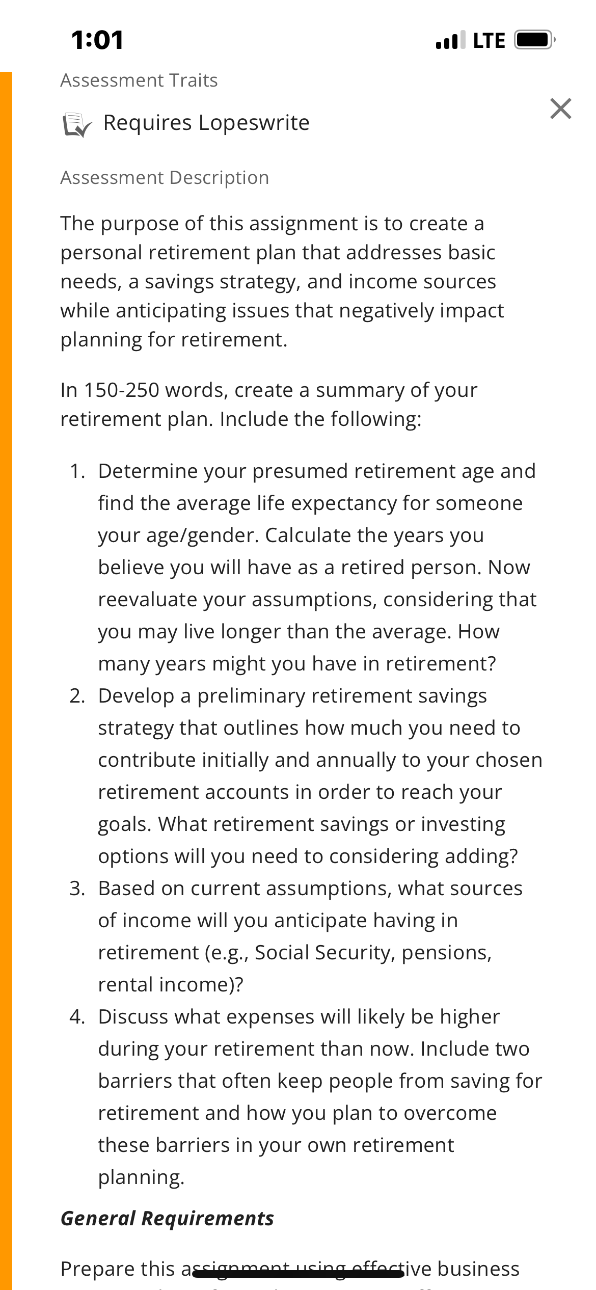 1:01 l LTE @) Assessment Traits X & Requires