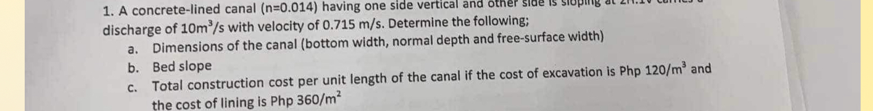 A concrete - lined canal ) = ( 0 . 0 1 4 having