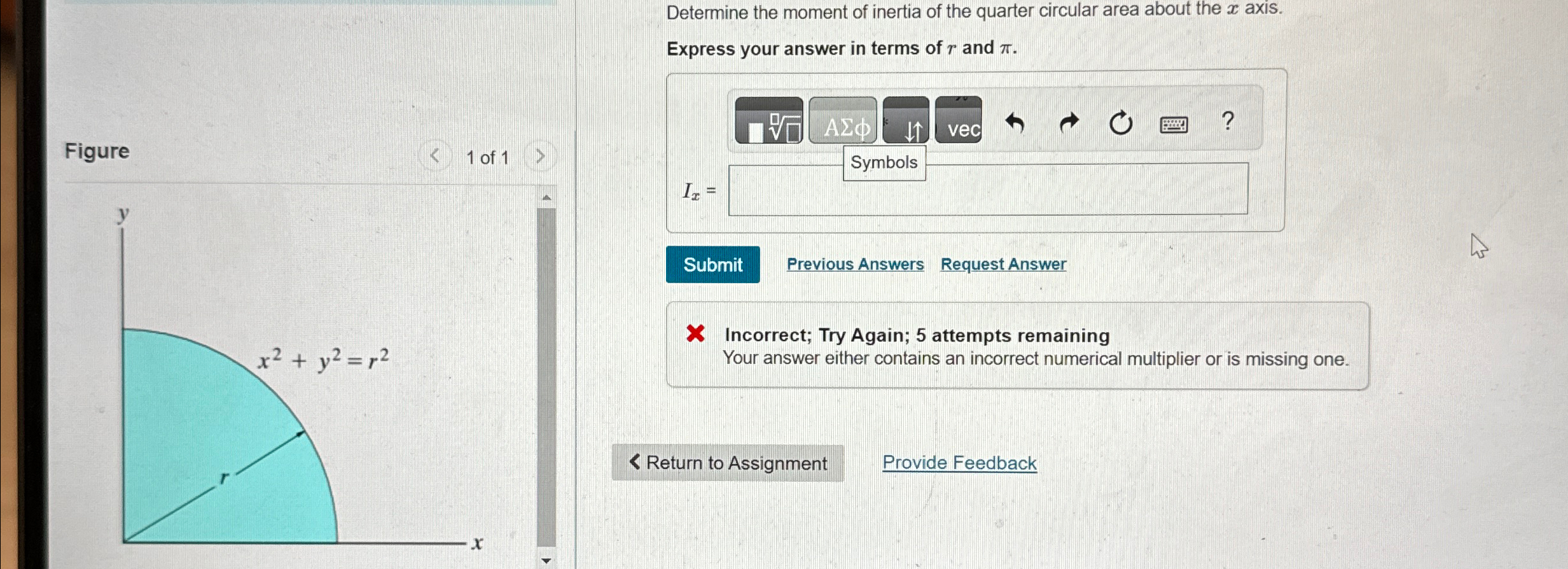 Determine the moment of inertia of the quarter