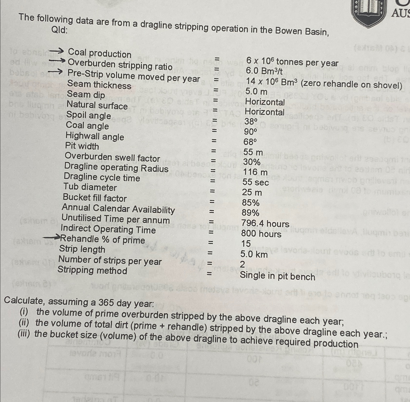 The following data are from a dragline stripping