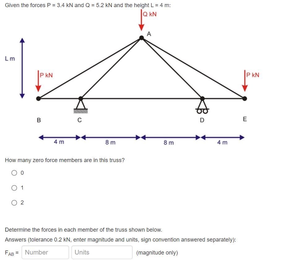 Given the forces P = 3 . 4 kN and Q = 5 . 2 kN