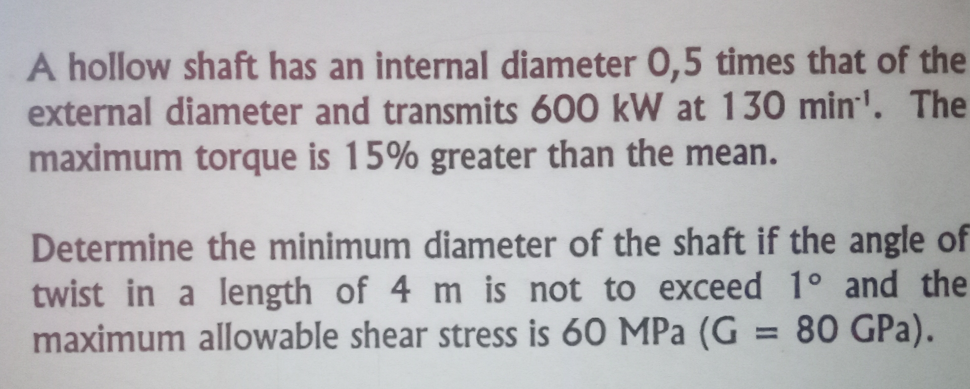 A hollow shaft has an internal diameter 0 , 5
