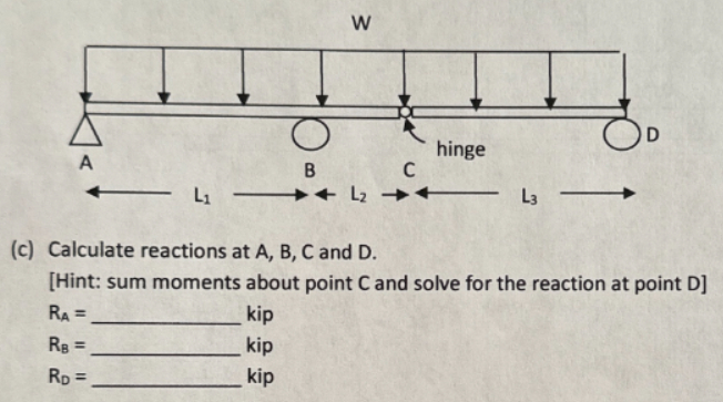 Calculate reactions at A , B , C and D . L _ 1 =