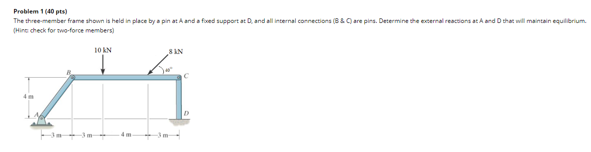 Problem 1 ( 4 0 pts ) The three - member frame