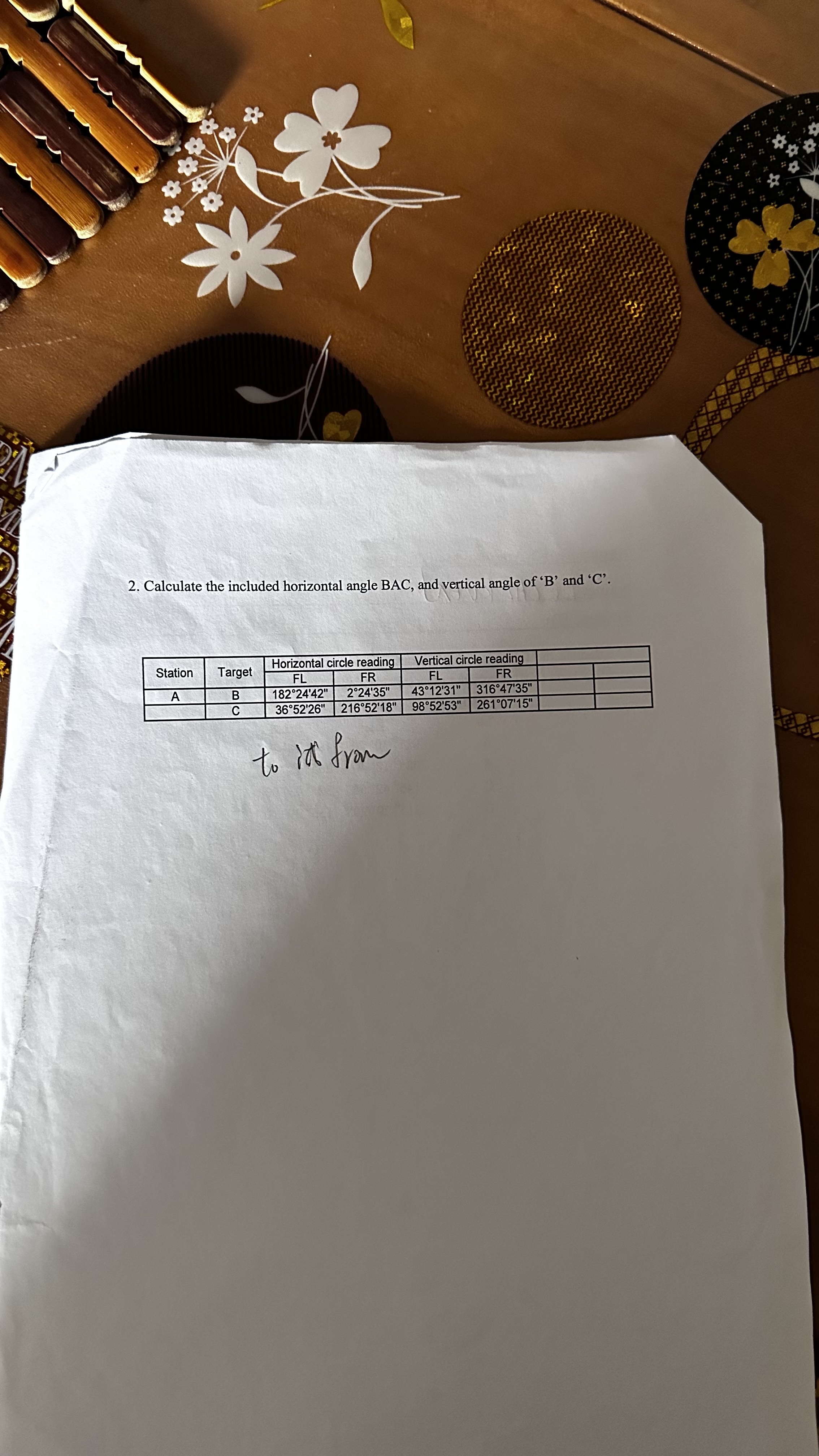 Calculate the included horizontal angle BAC, and