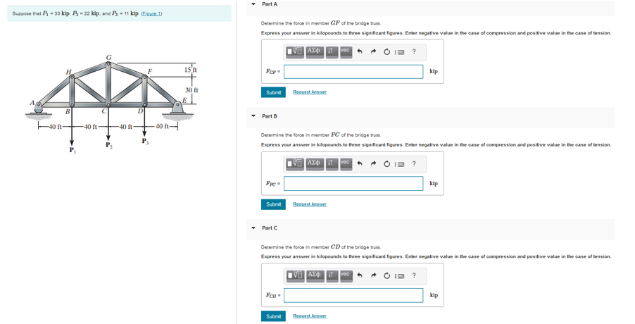 Determine the force in member G F of the bridge