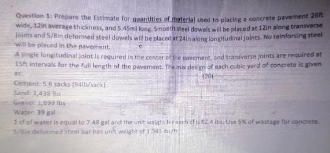 Question 1 1 Prepare the Estimate for quantities