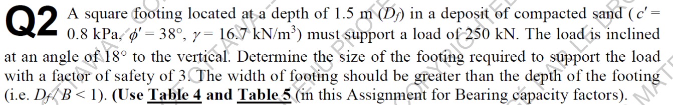 Q 2 A square footing located at a depth of 1 . 5