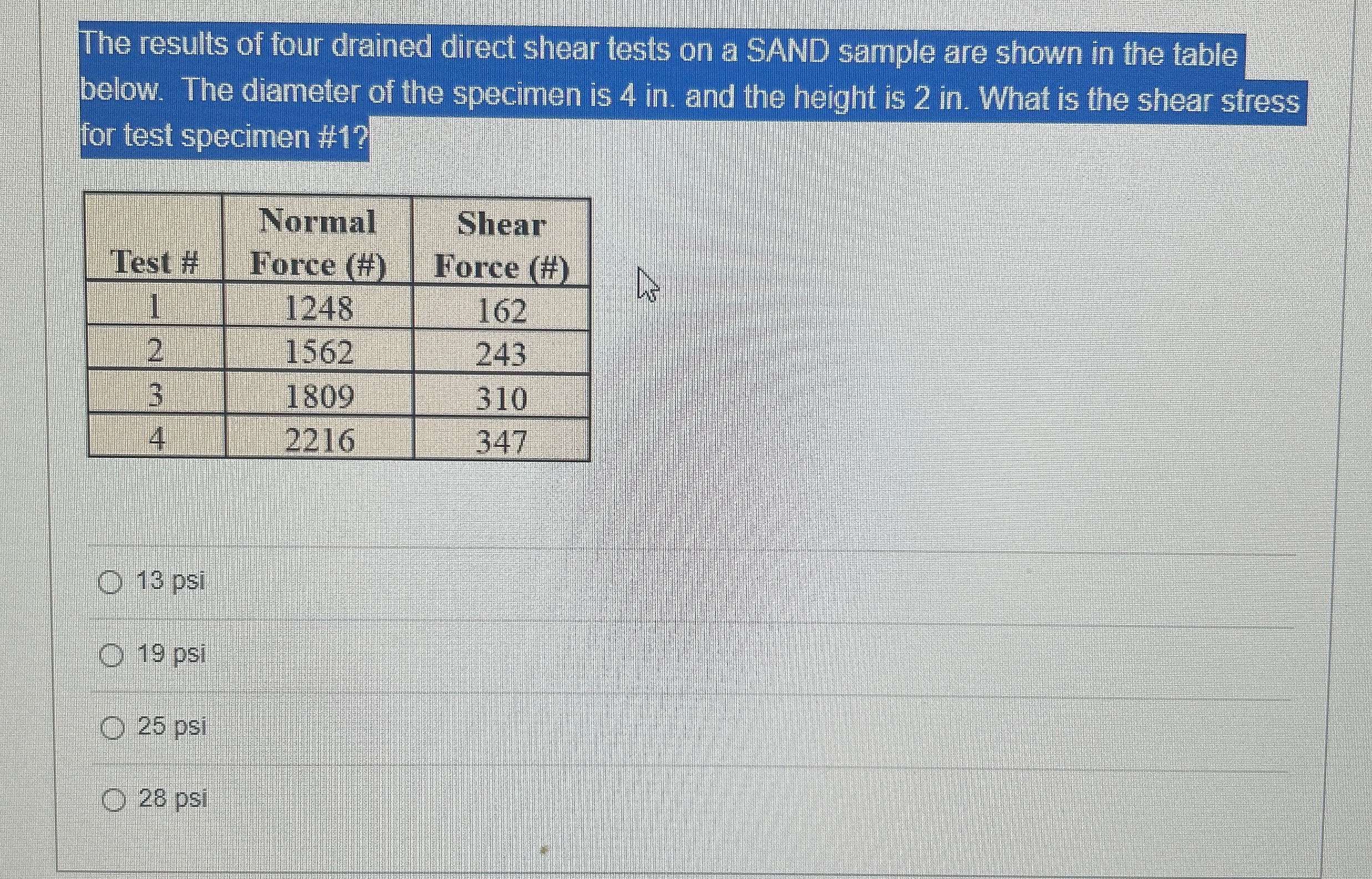 The results of four drained direct shear tests on