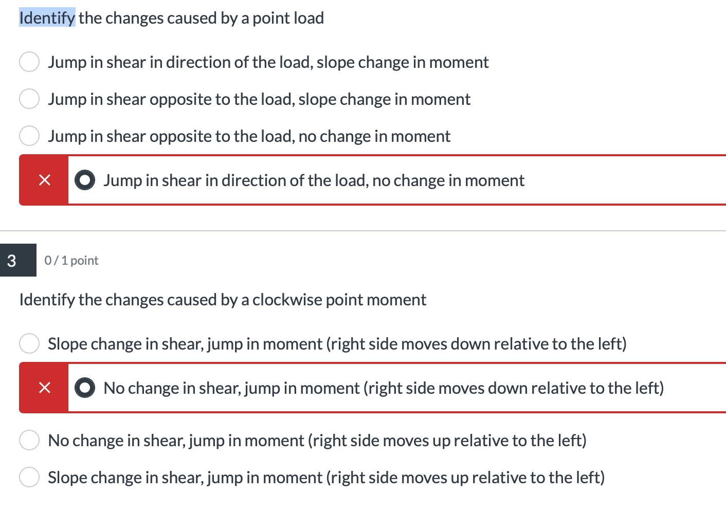 Identify the changes caused by a point load Jump