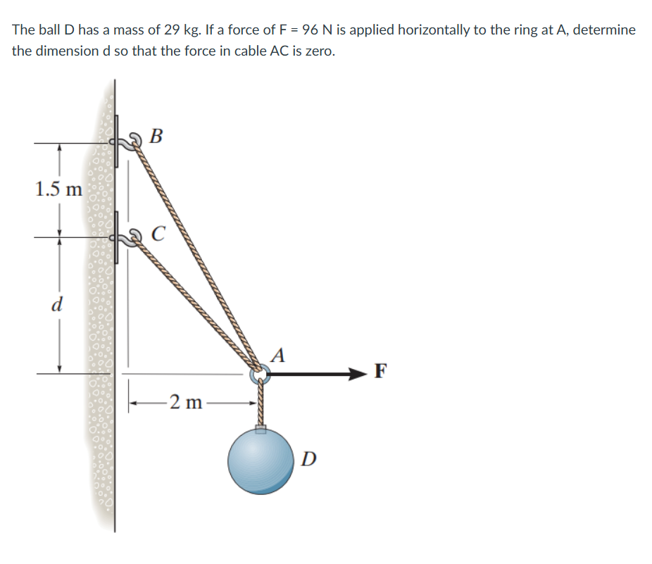 The ball D has a mass of 2 9 kg . If a force of F