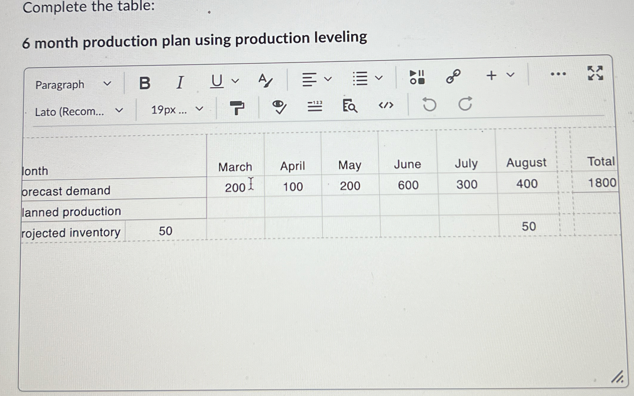 Complete the table: 6 month production plan using