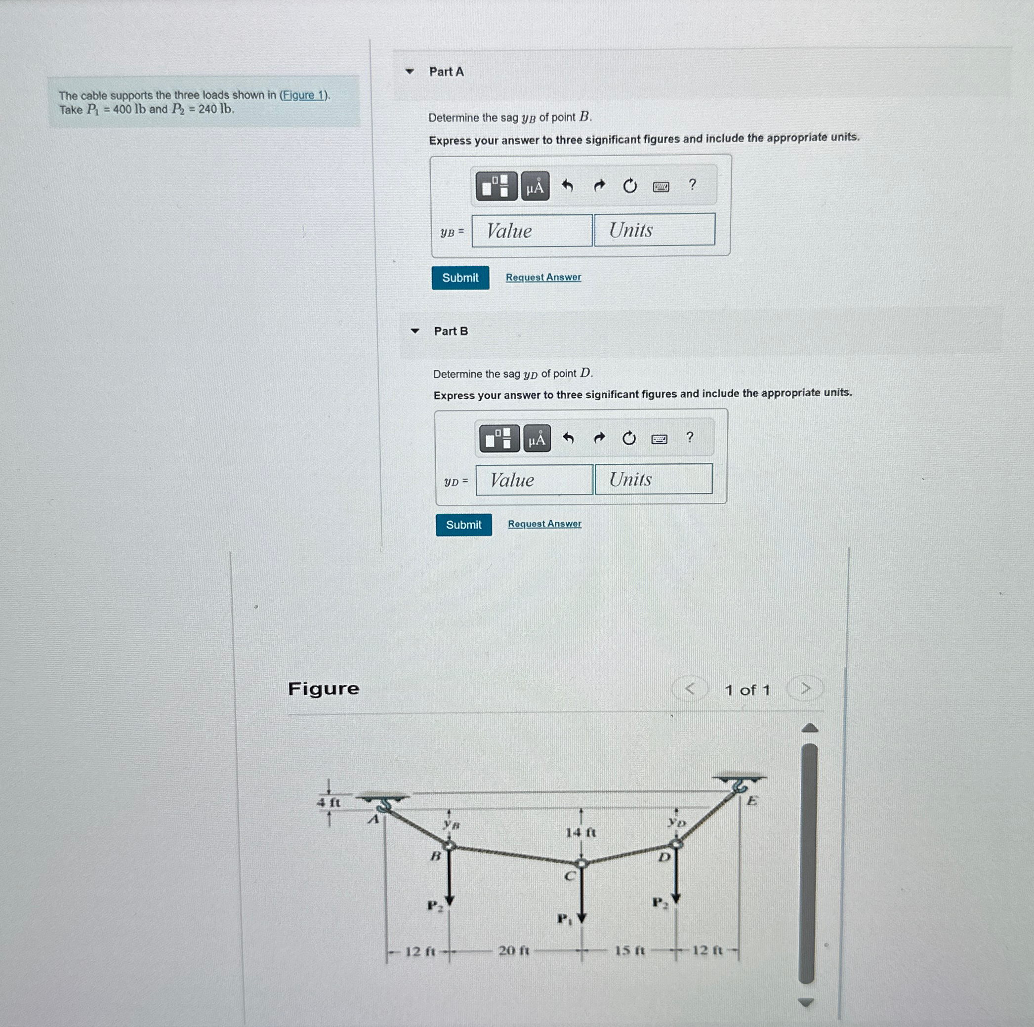 The cable supports the three loads shown in (