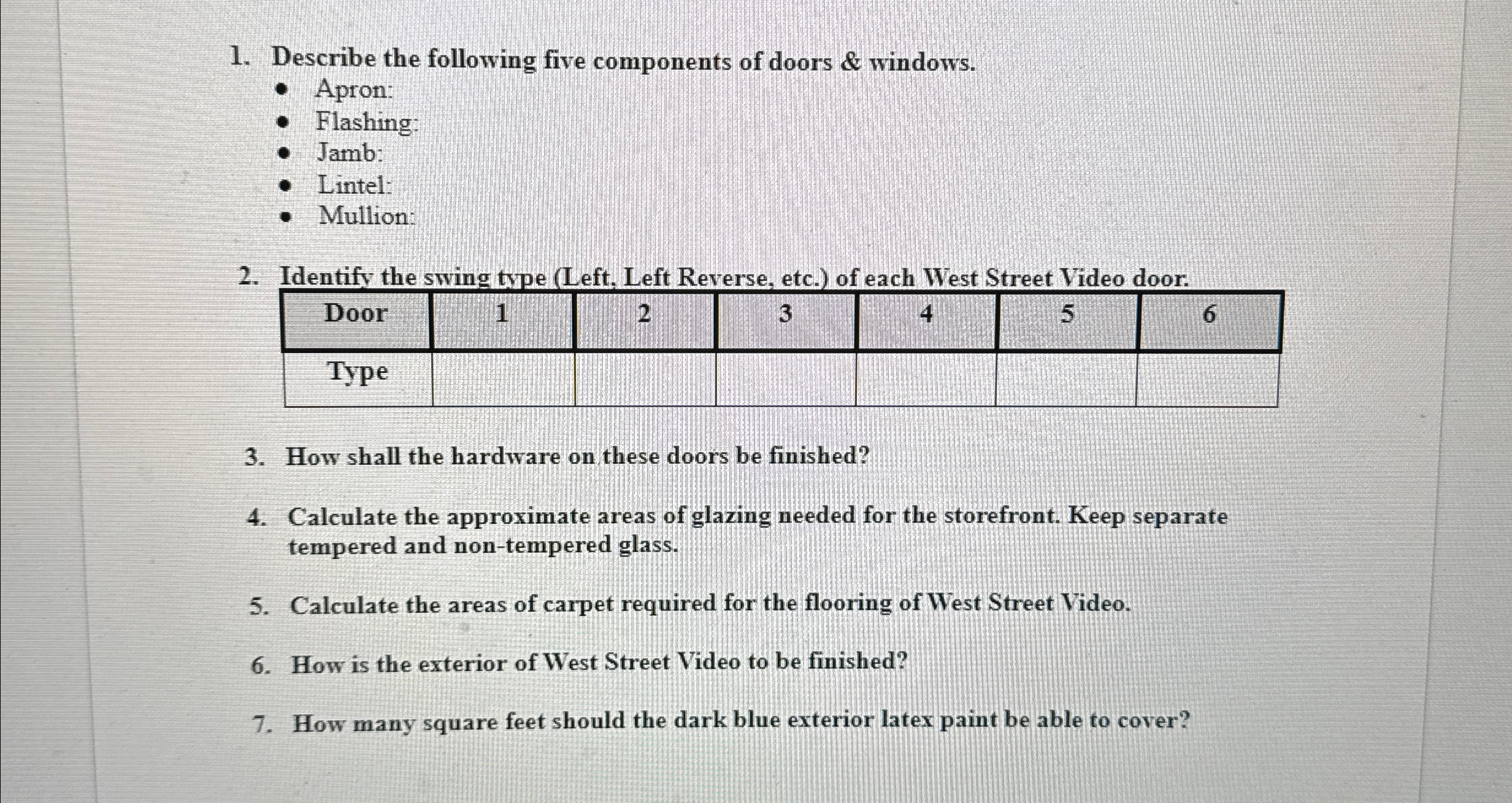 Describe the following five components of doors &