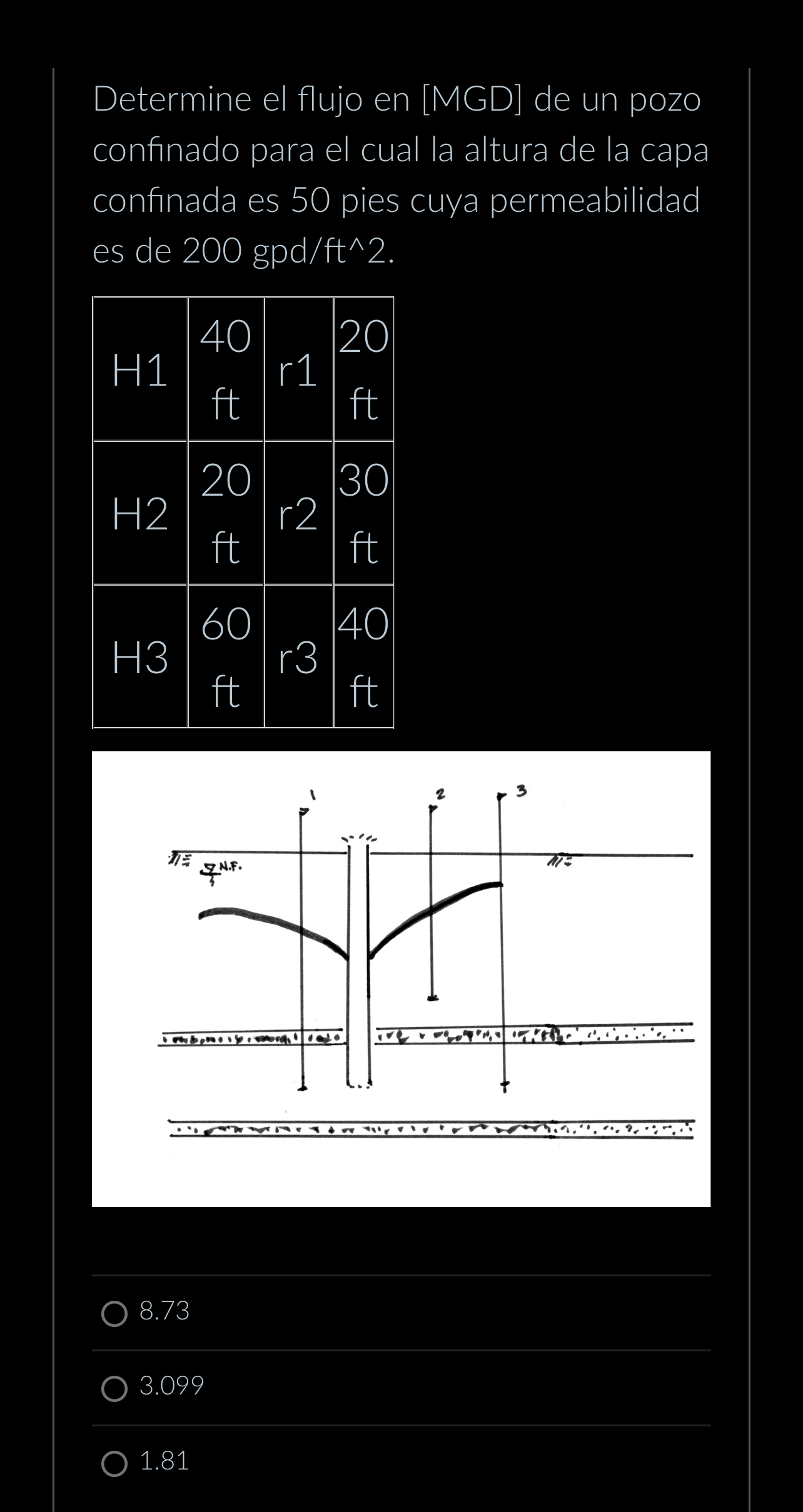 Determine el flujo en [ MGD ] de un pozo