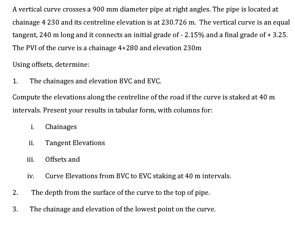 A vertical curve crosses a 9 0 0 m m diameter