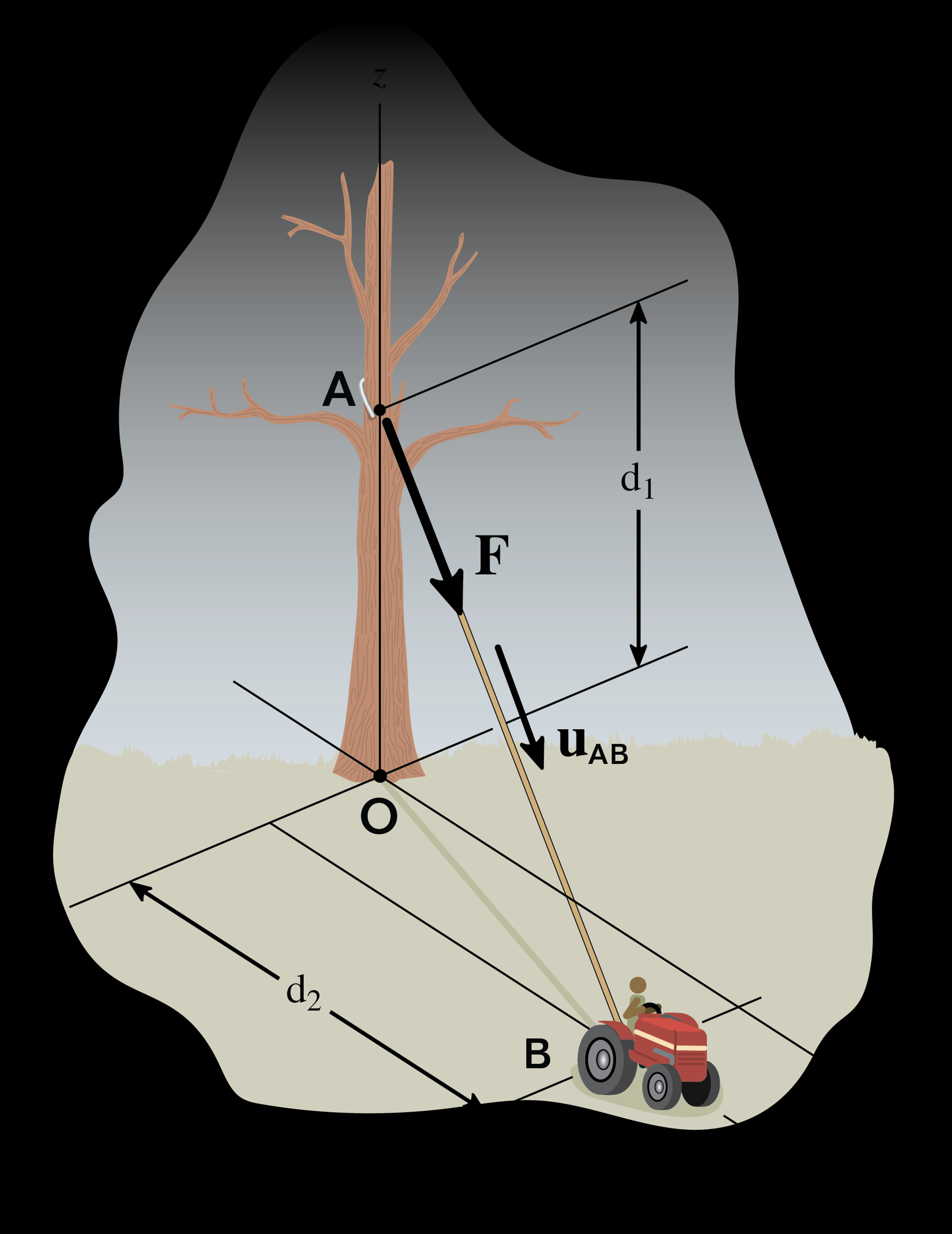 A tractor pulls a tree with force 5 kN . Find the