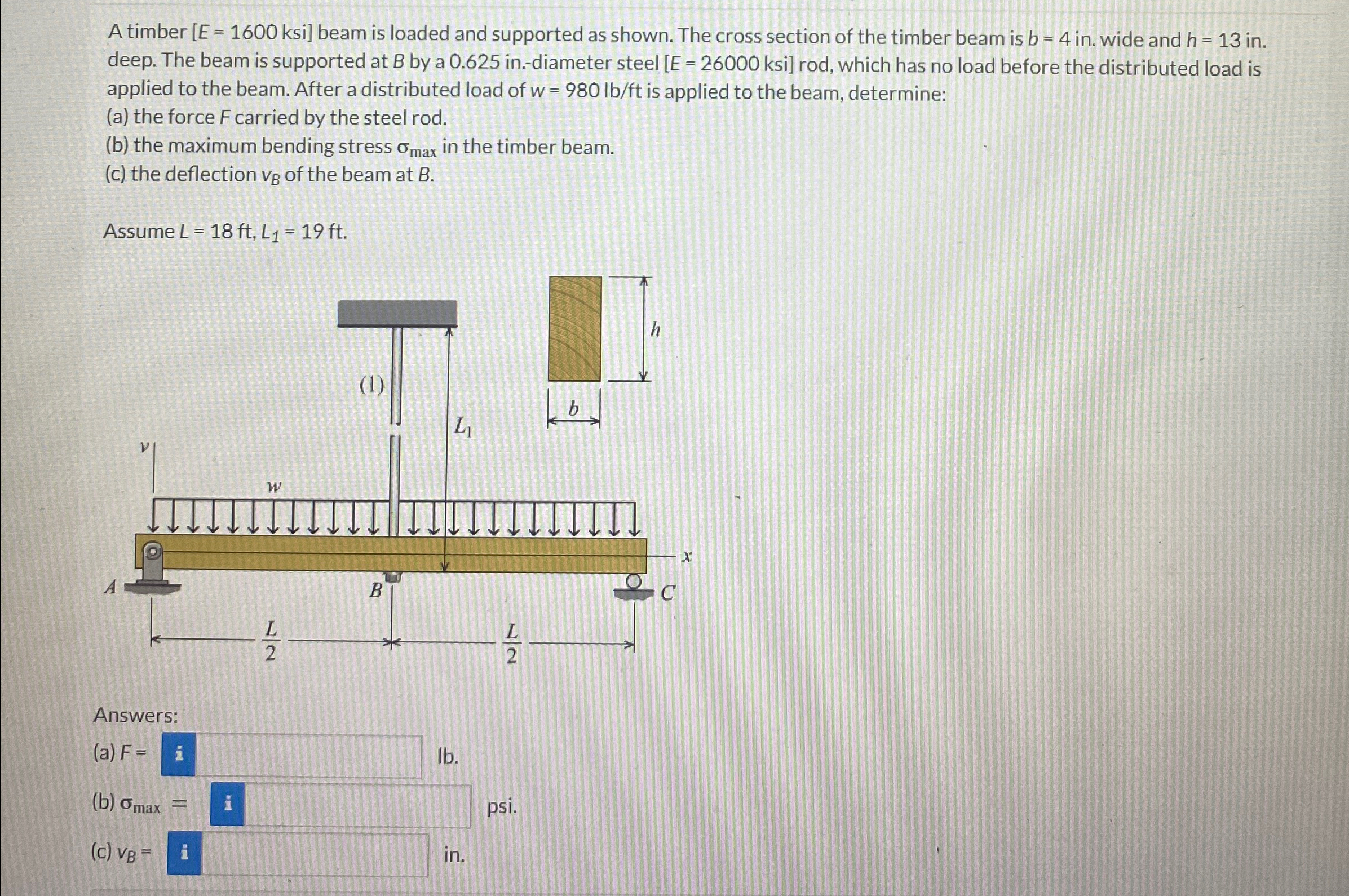 A timber E = 1 6 0 0 ksi beam is loaded and