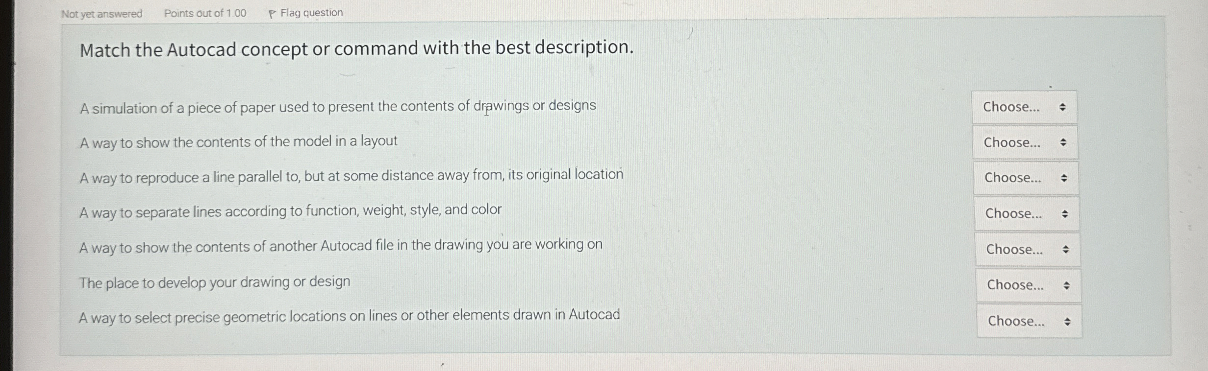 Match the Autocad concept or command with the