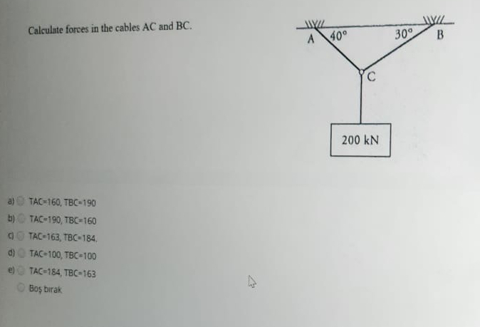 Calculate forces in the cables A C and B C . a )