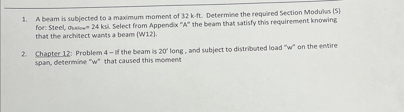 A beam is subjected to a maximum moment of 3 2 k