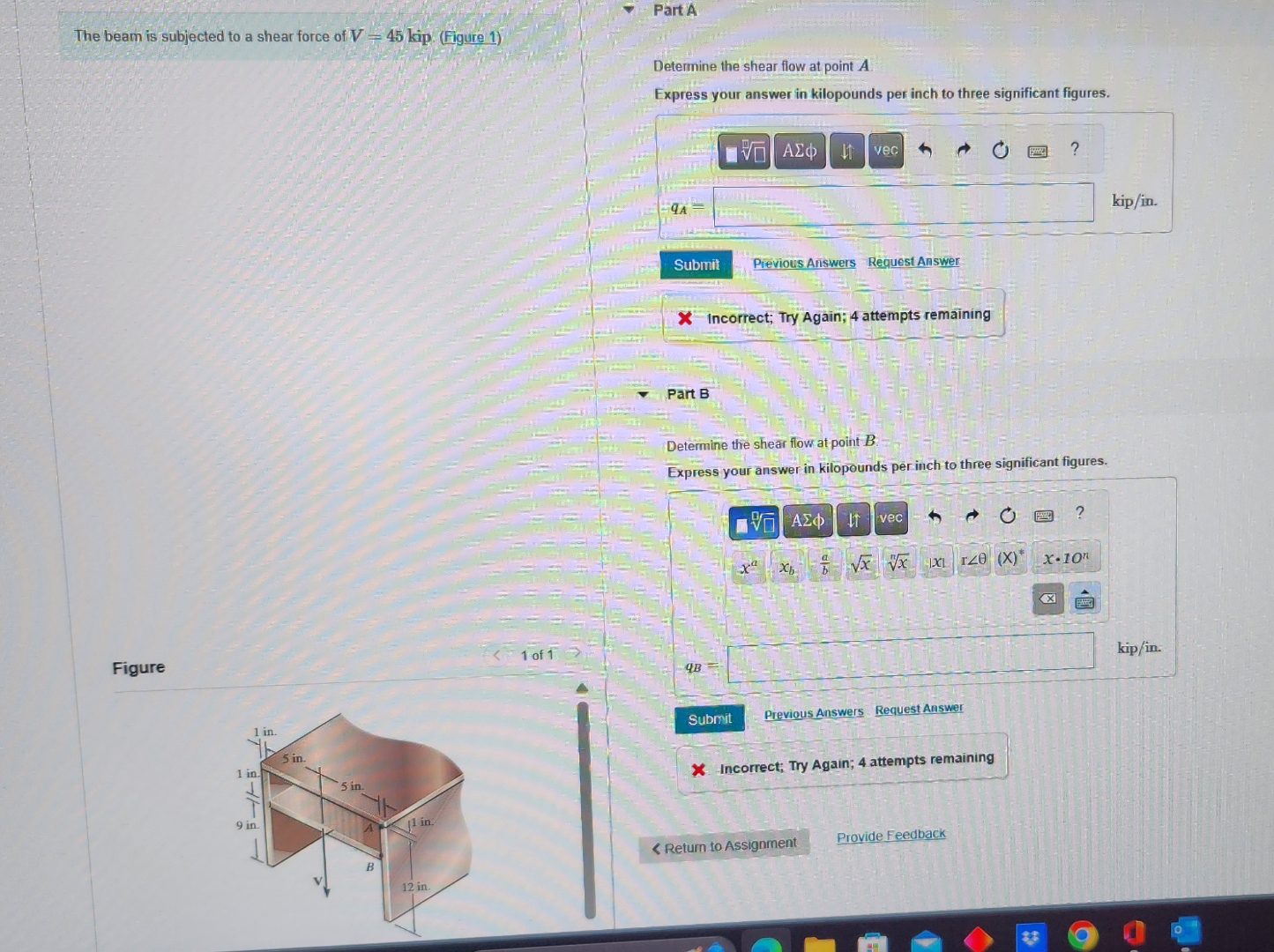 The beam is subjected to a shear force of V = 4 5