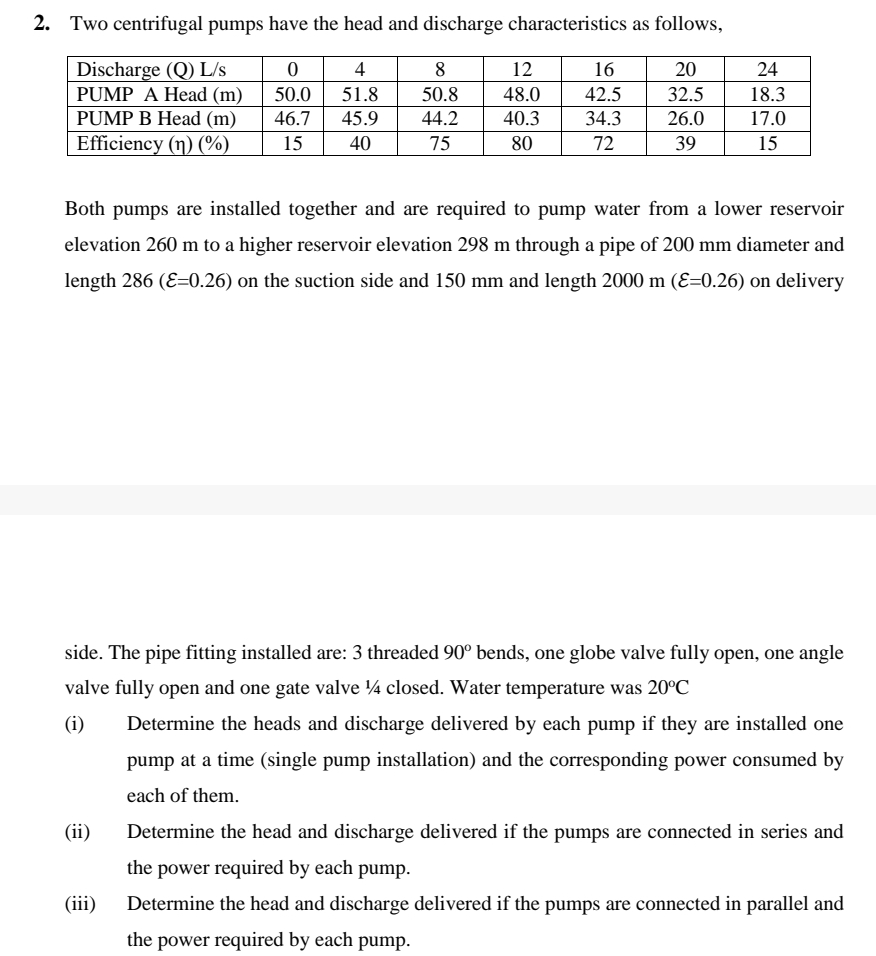 Two centrifugal pumps have the head and discharge
