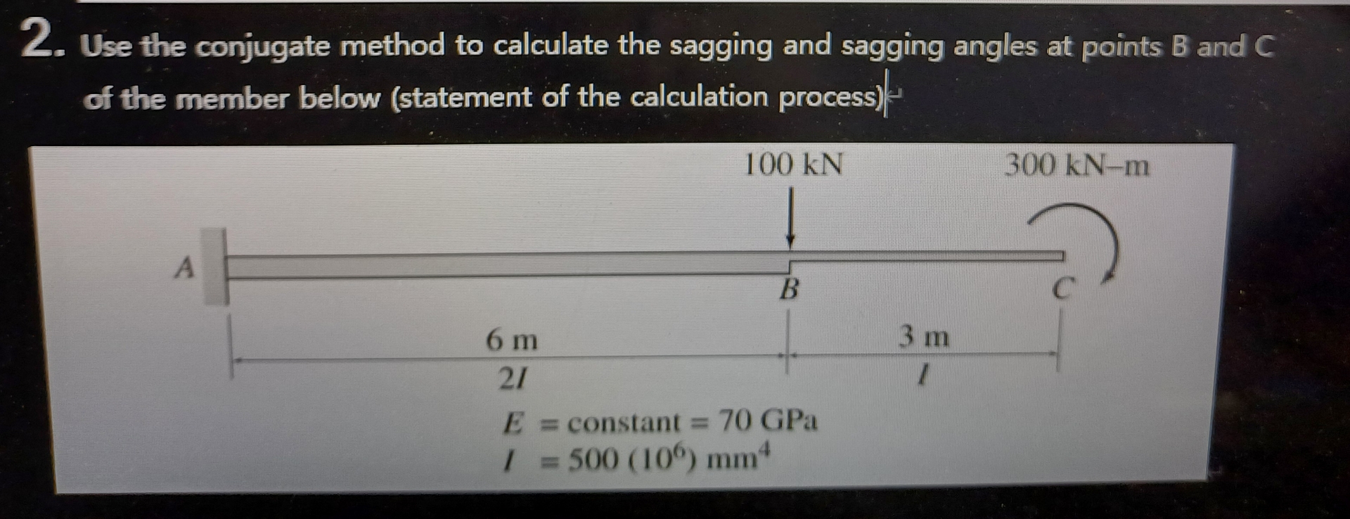 Use the conjugate method to calculate the sagging