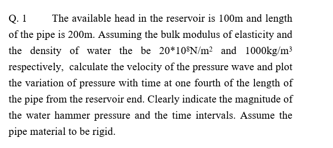 Q . 1 The available head in the reservoir is 1 0