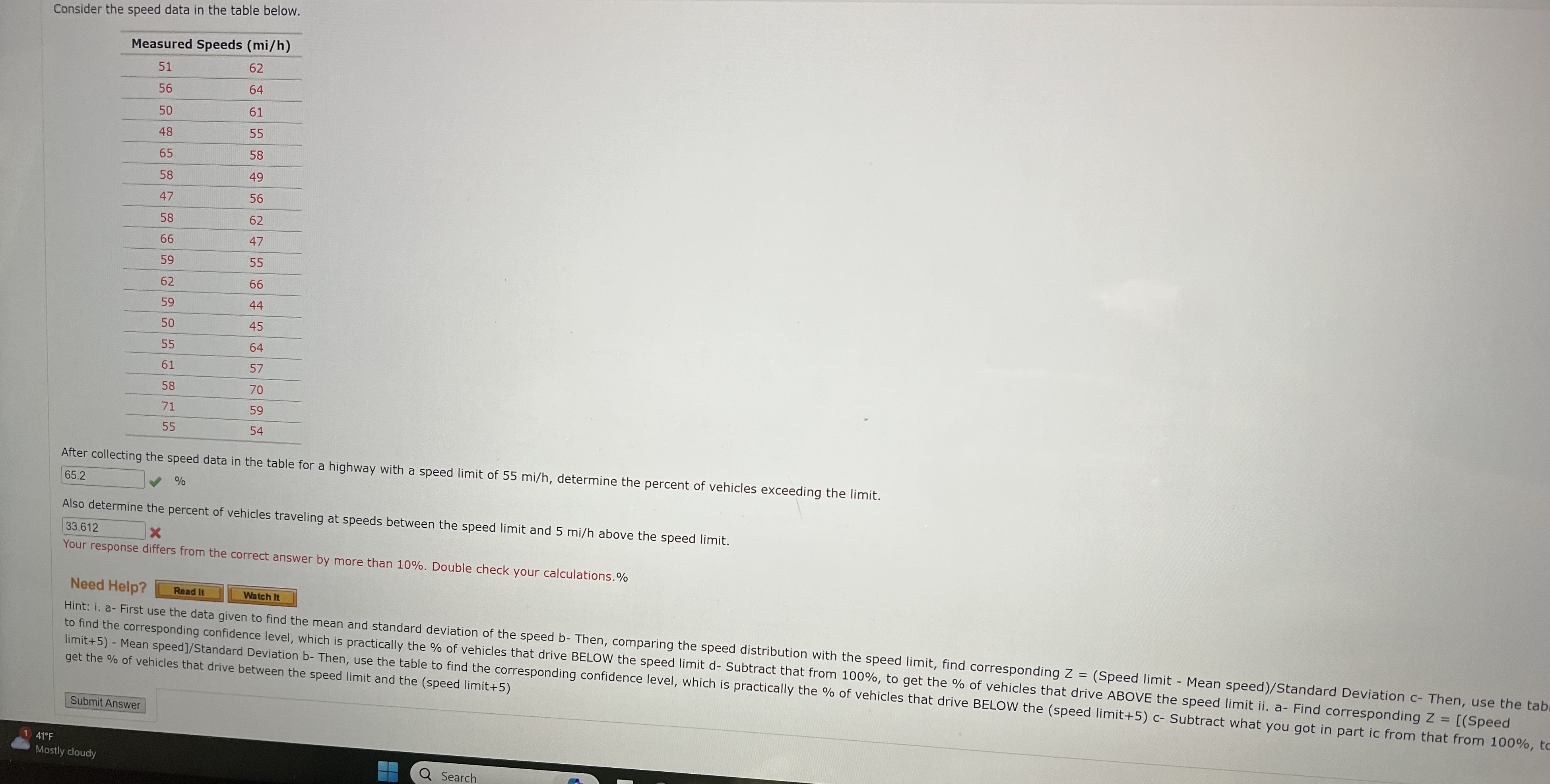 Consider the speed data in the table below. \