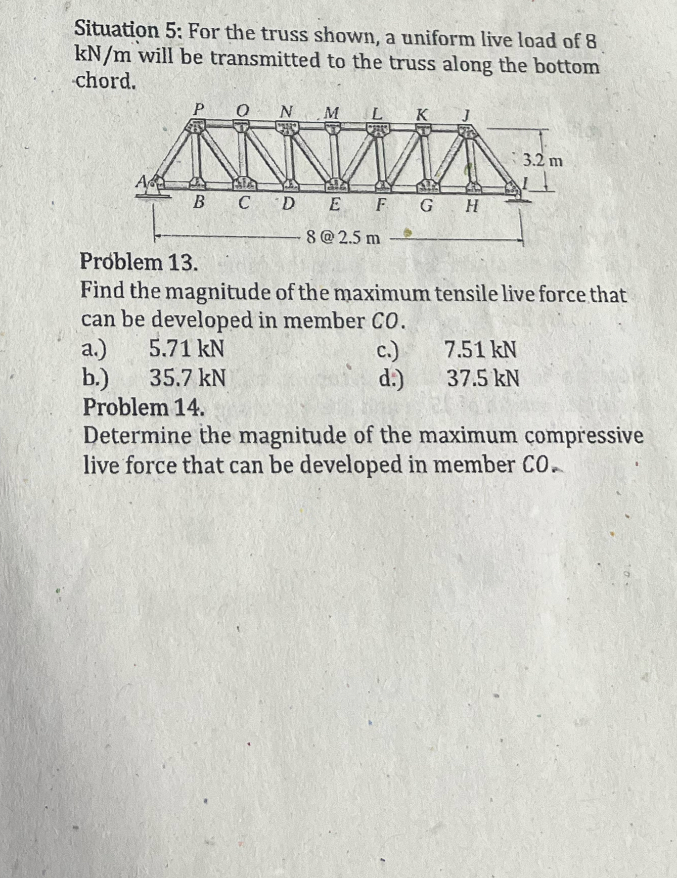 Situation 5 : For the truss shown, a uniform live