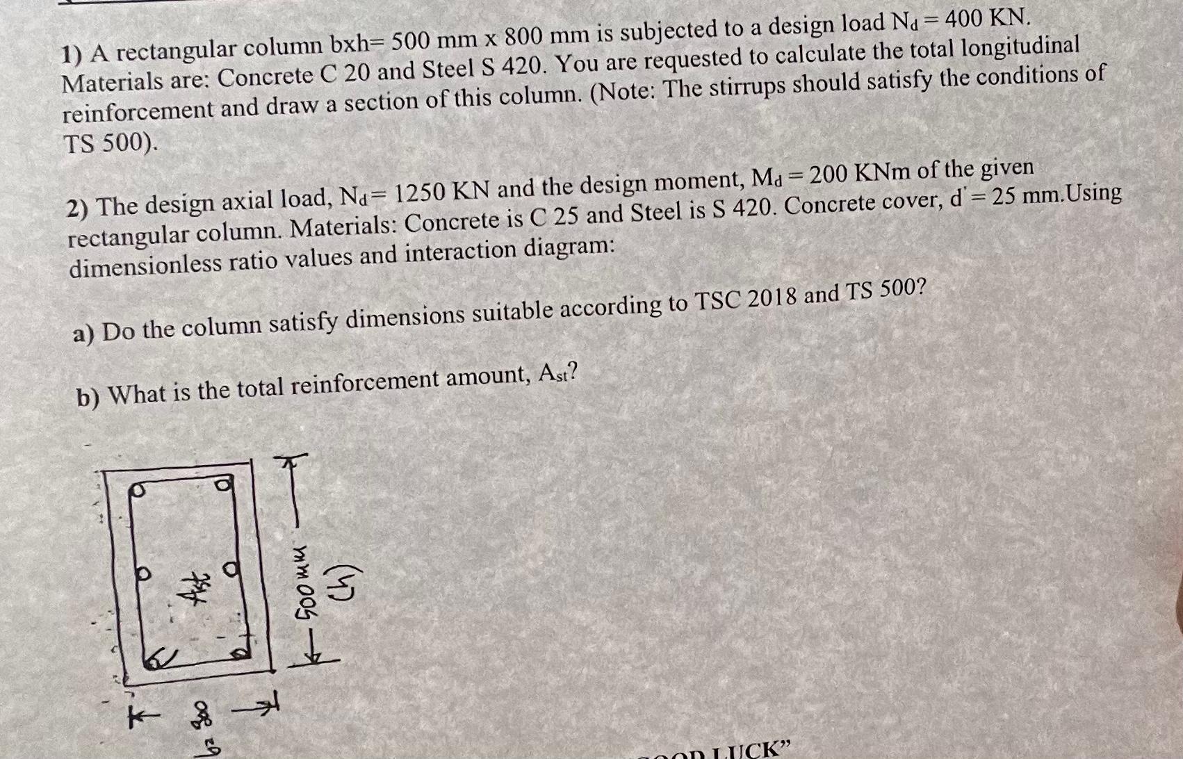 A rectangular column b h = 5 0 0 m m 8 0 0 m m is