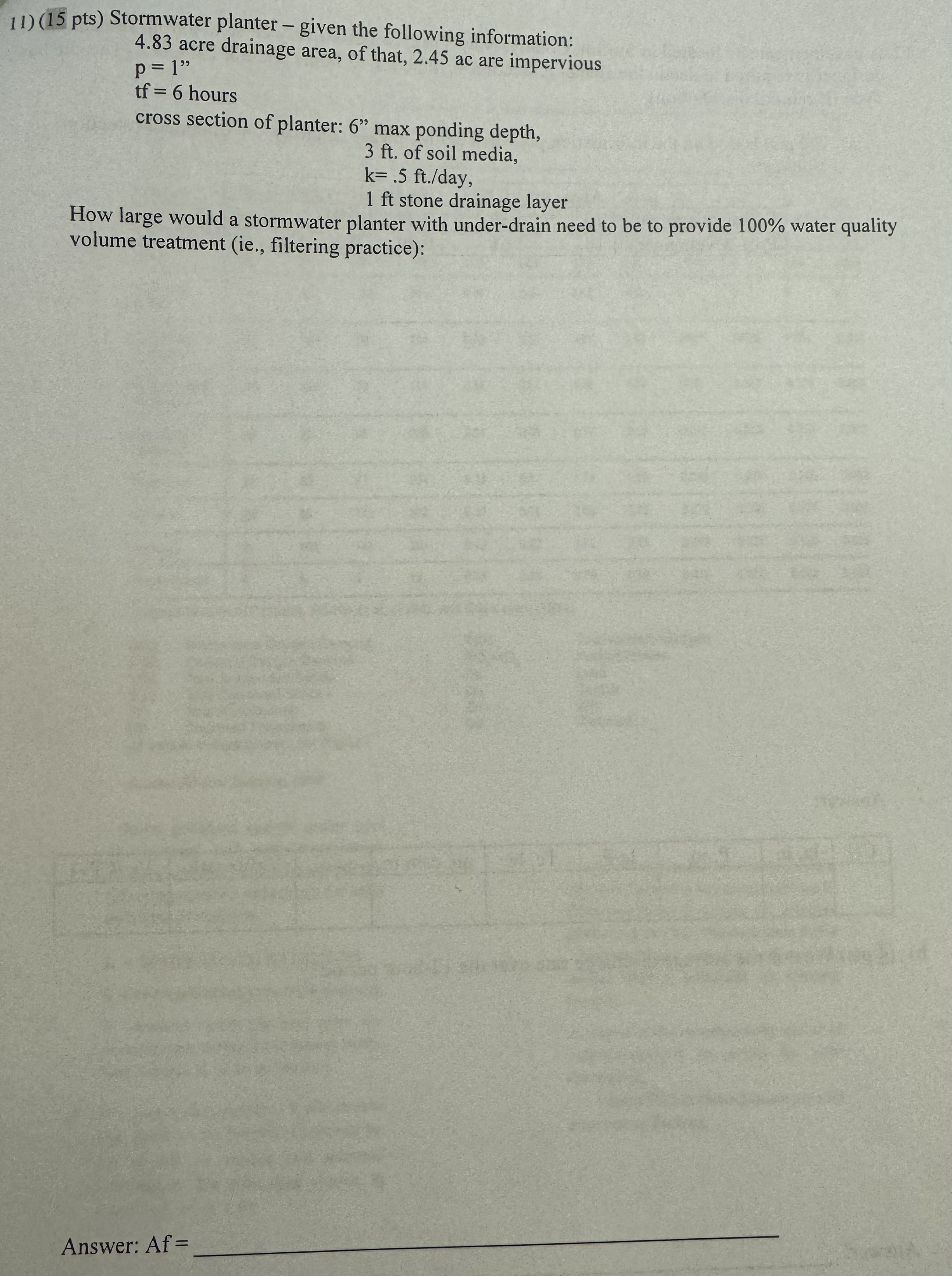 ( 1 5 pts ) Stormwater planter - given the