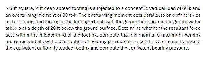 A 5 - f t square, 2 - ft deep spread footing is