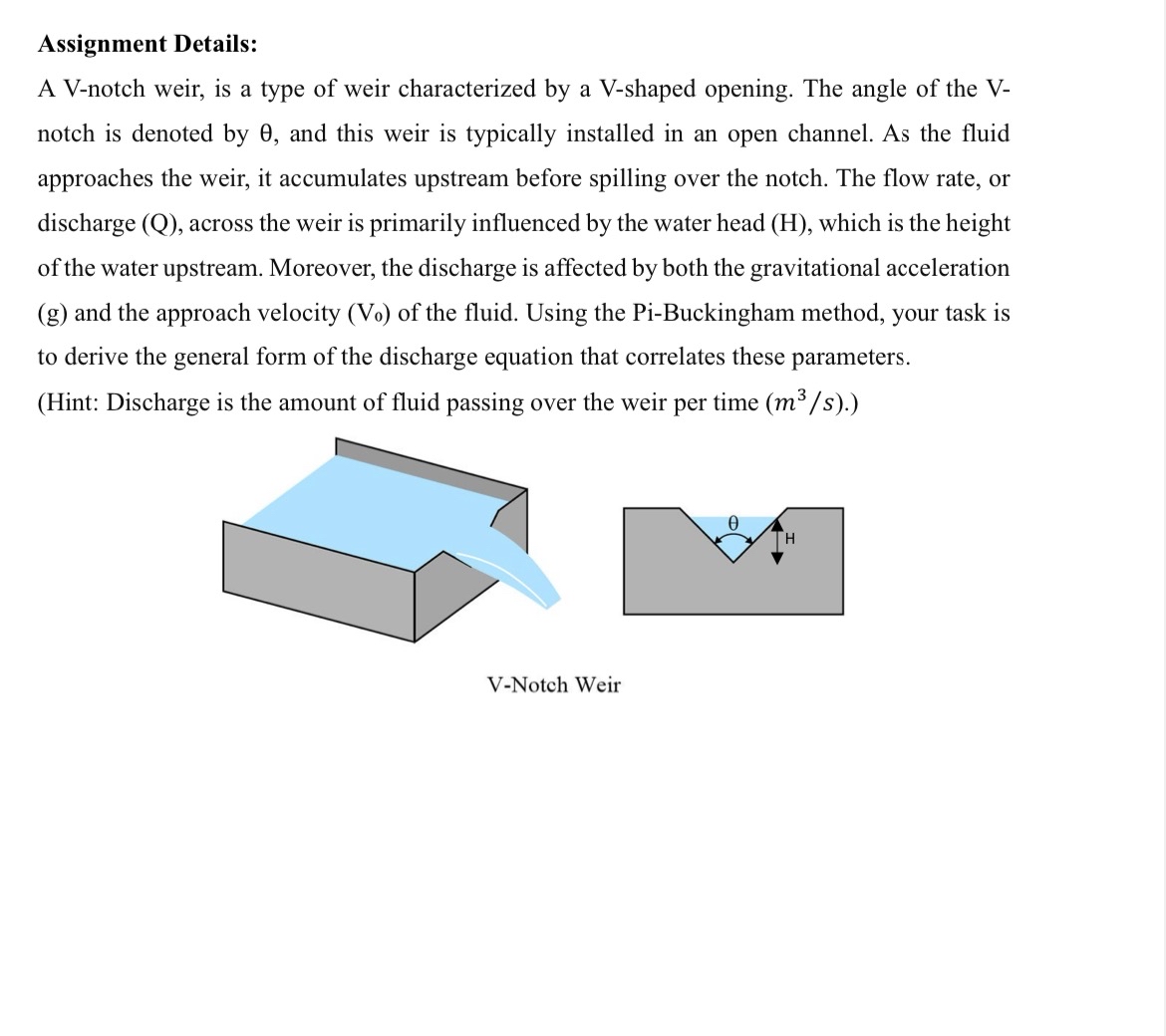 Assignment Details: A V - notch weir, is a type