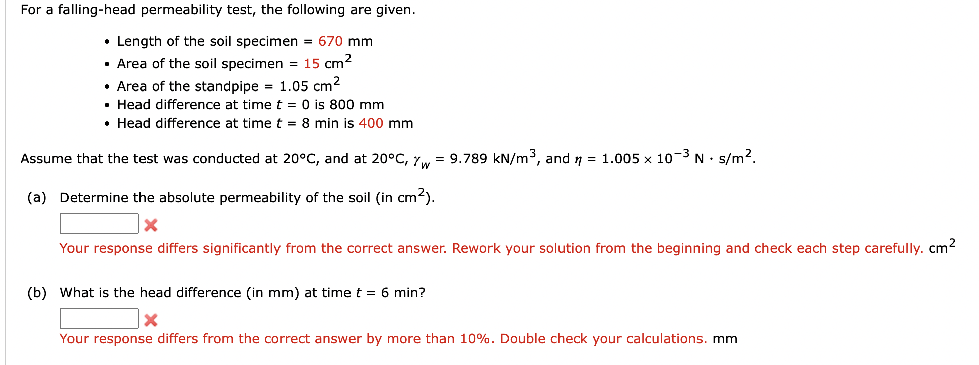 For a falling - head permeability test, the