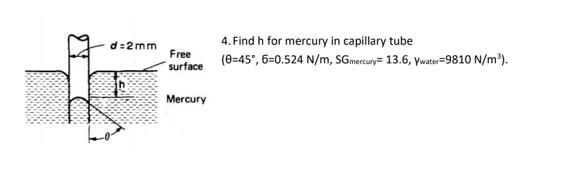 Find h for mercury in capillary tube ) = 4 5 , =