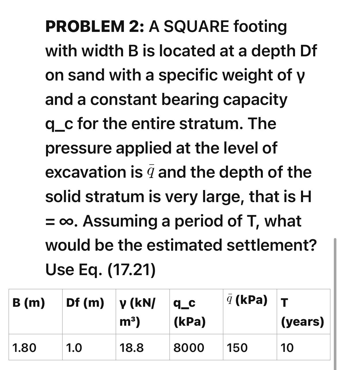 PROBLEM 2 : A SQUARE footing with width B is