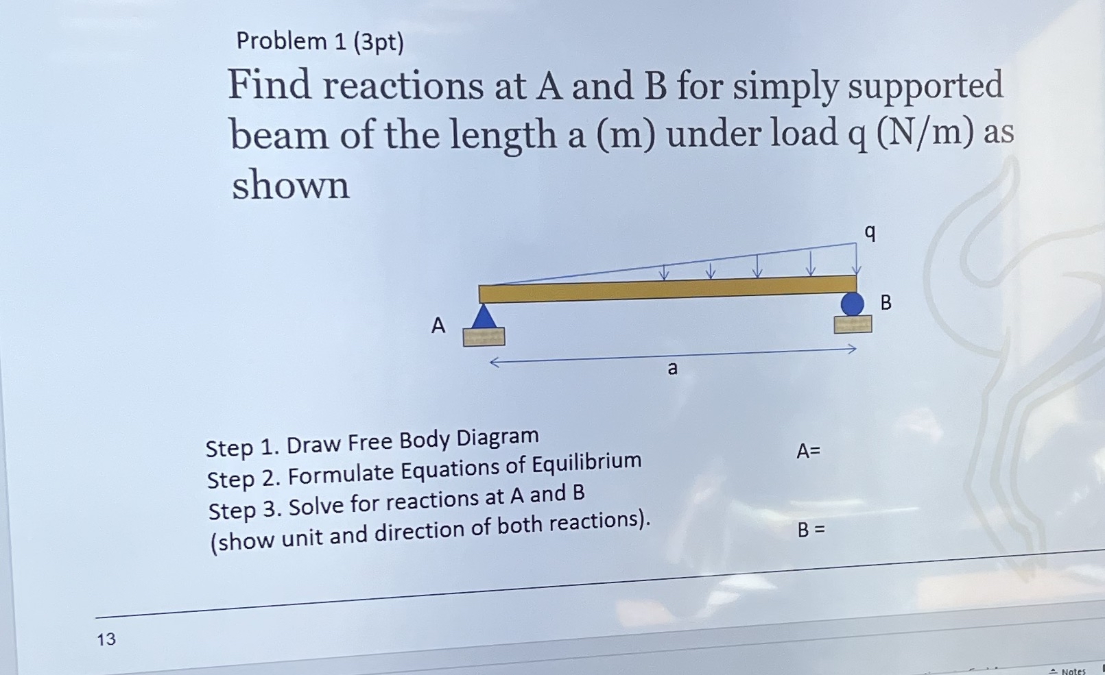 Problem 1 ( 3 pt ) Find reactions at A and B for