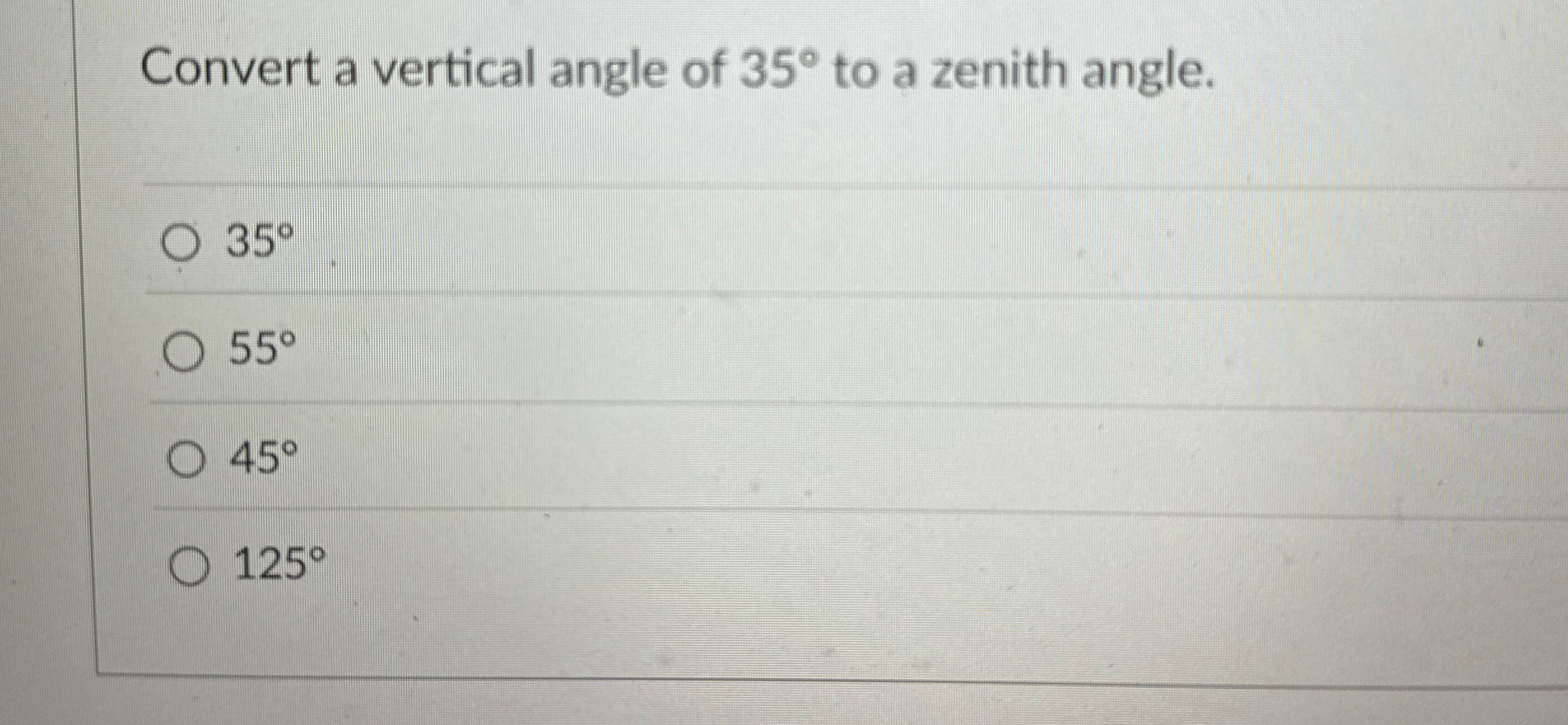 Convert a vertical angle of 3 5 to a zenith