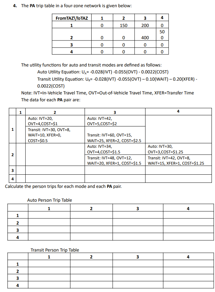 The PA trip table in a four - zone network is